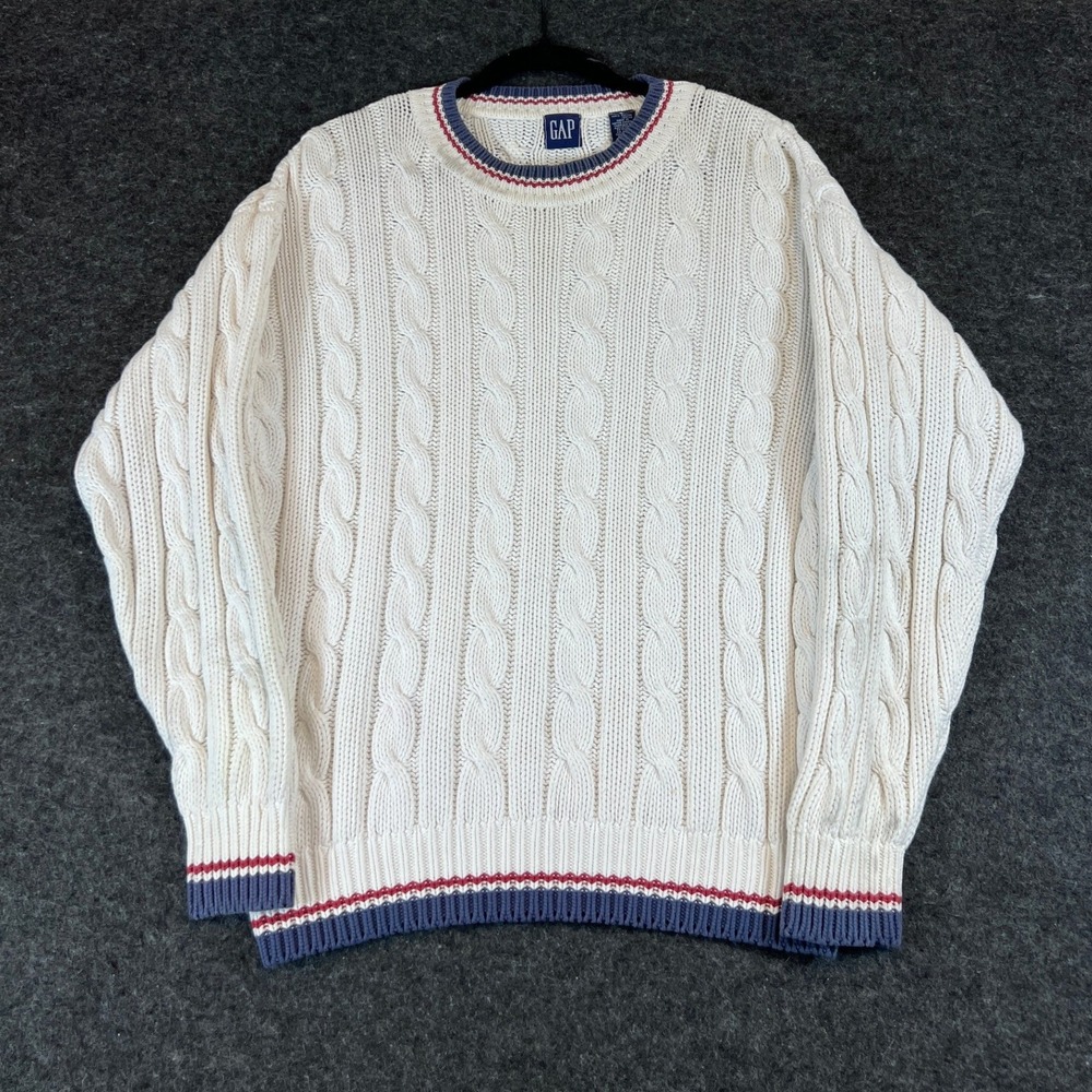 Vintage 90s Gap Mens Small Cable Knit Sweater Cream White Cotton Striped Trim